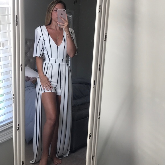 Pants - White and black romper with maxi skirt detail